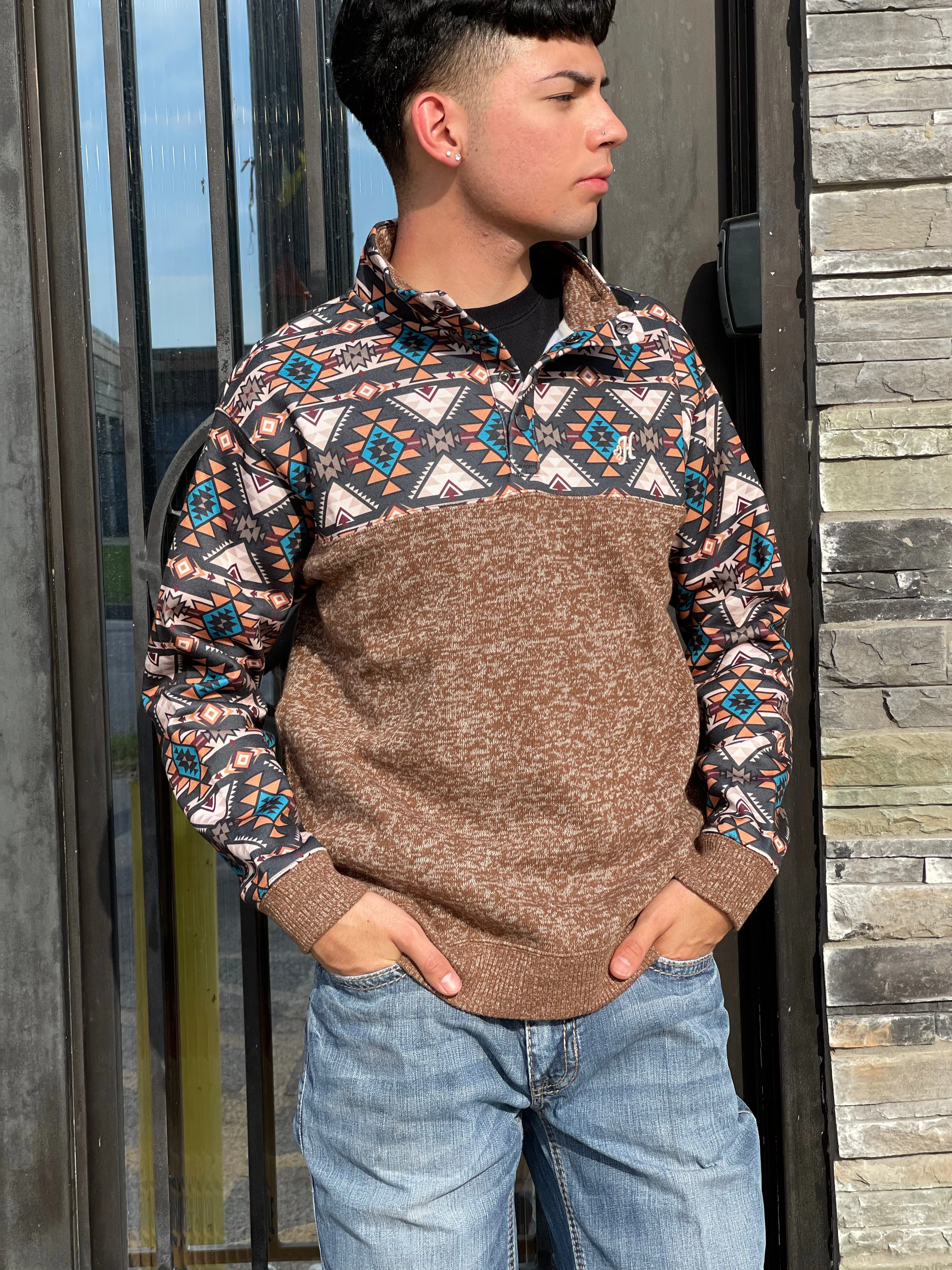 “ Stevie ” | Tan Pullover with Brown Tan Aztec Pattern