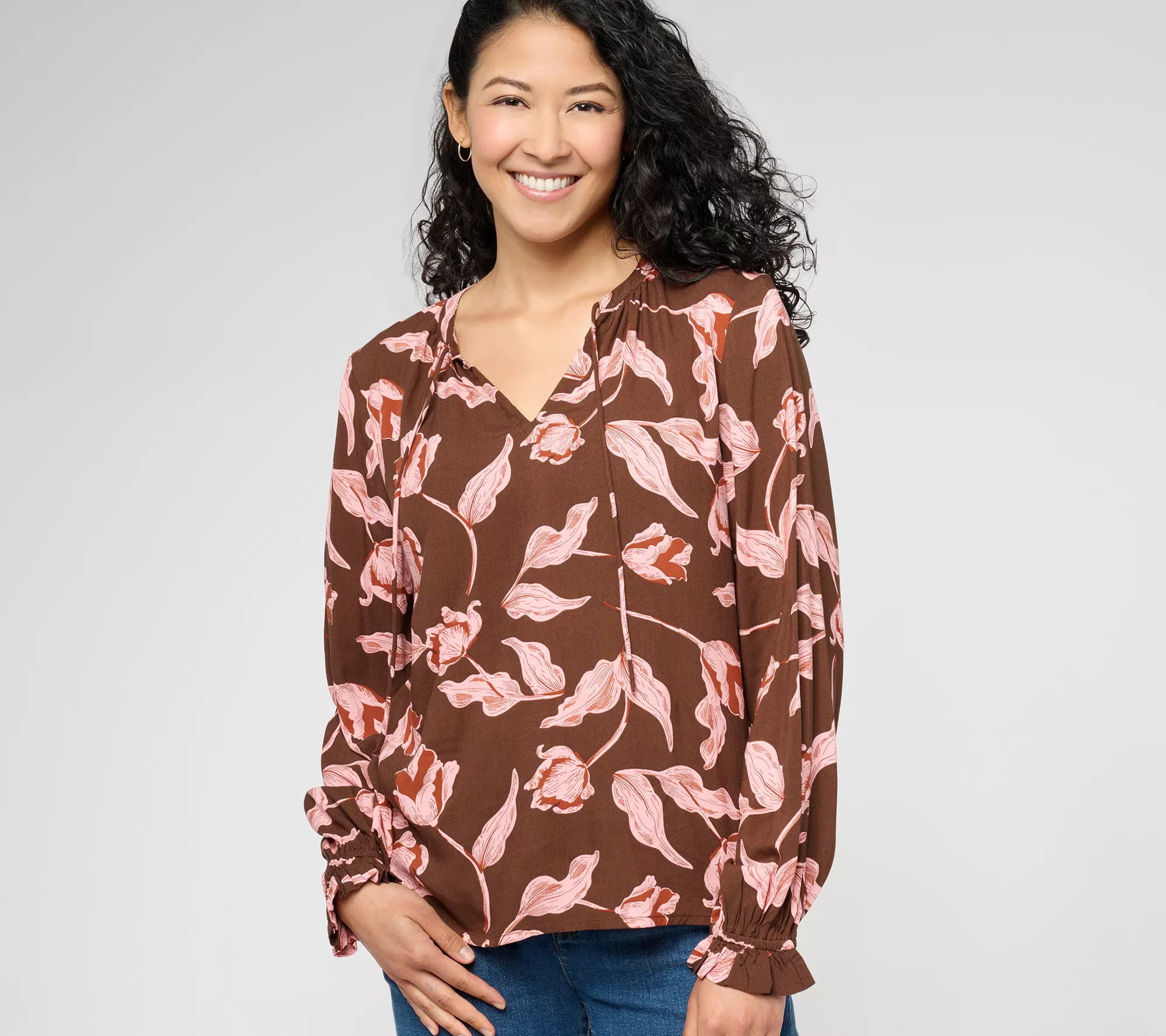 AnyBody Printed Long-Sleeve Split-Neck Pullover Blouse