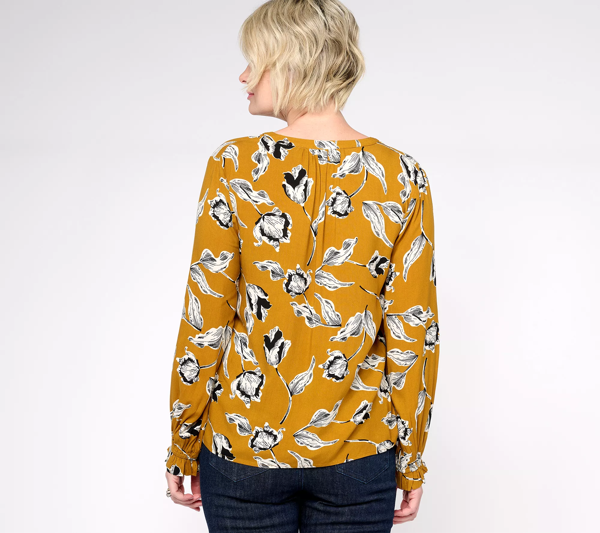 AnyBody Printed Long-Sleeve Split-Neck Pullover Blouse