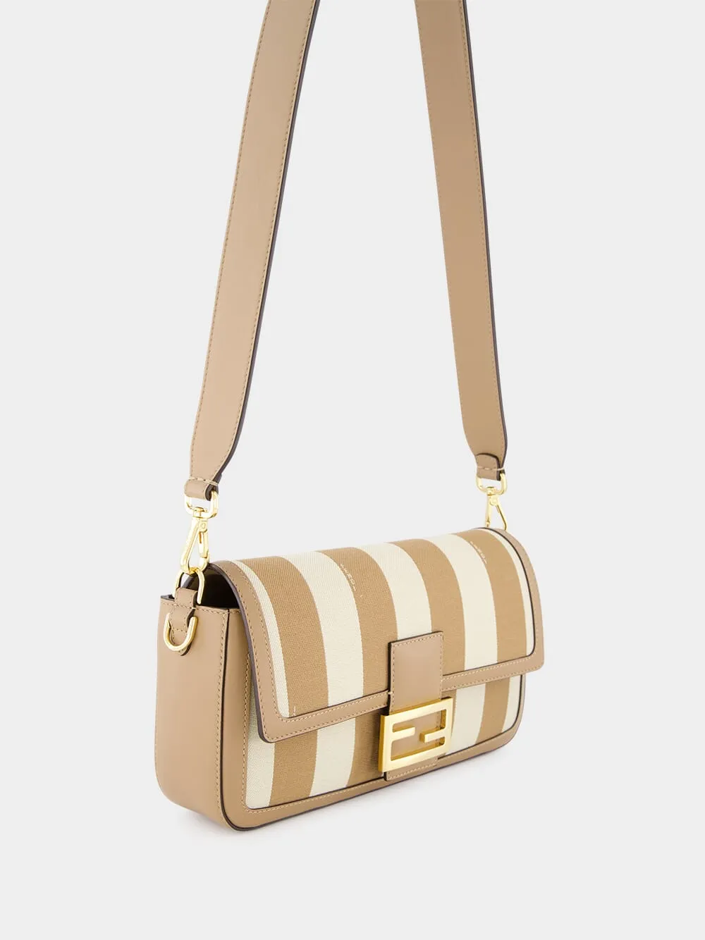 Beige Pequin Striped Baguette Bag