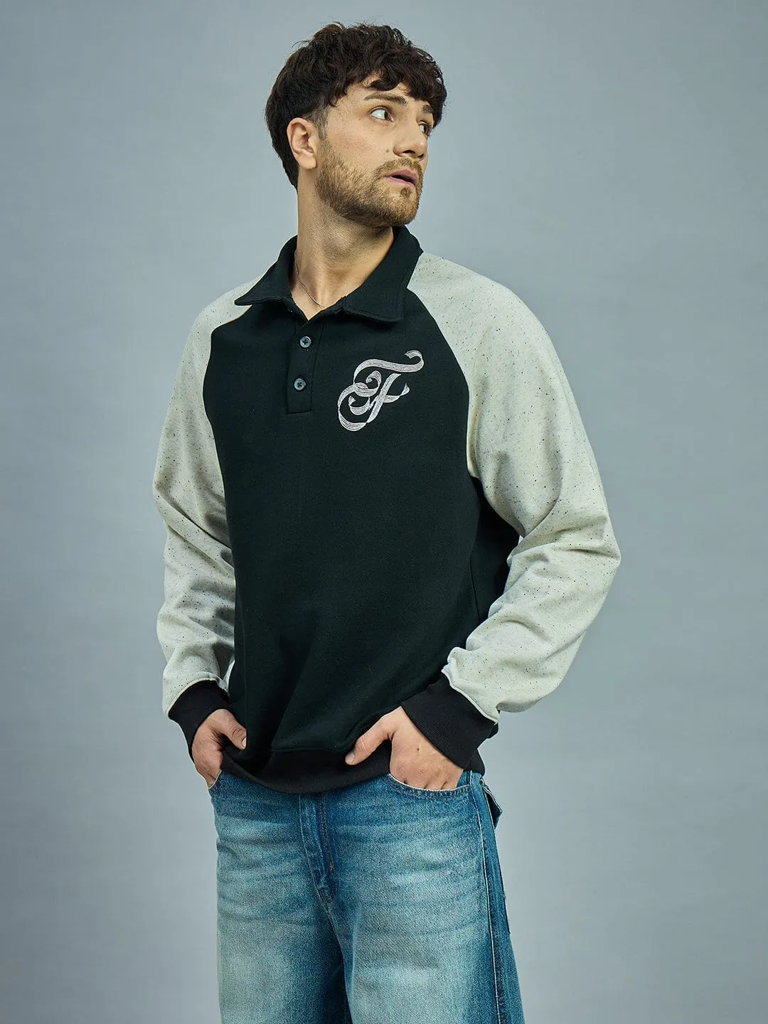 Black & Ecru Raglan Monogram Polo Sweatshirt