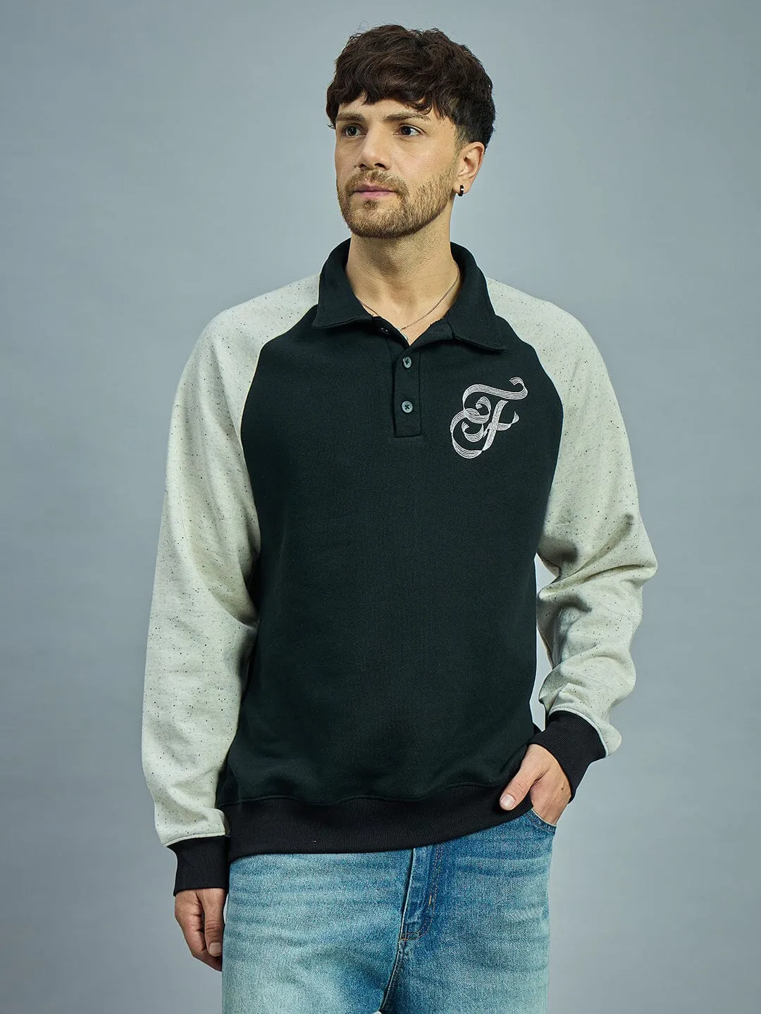 Black & Ecru Raglan Monogram Polo Sweatshirt