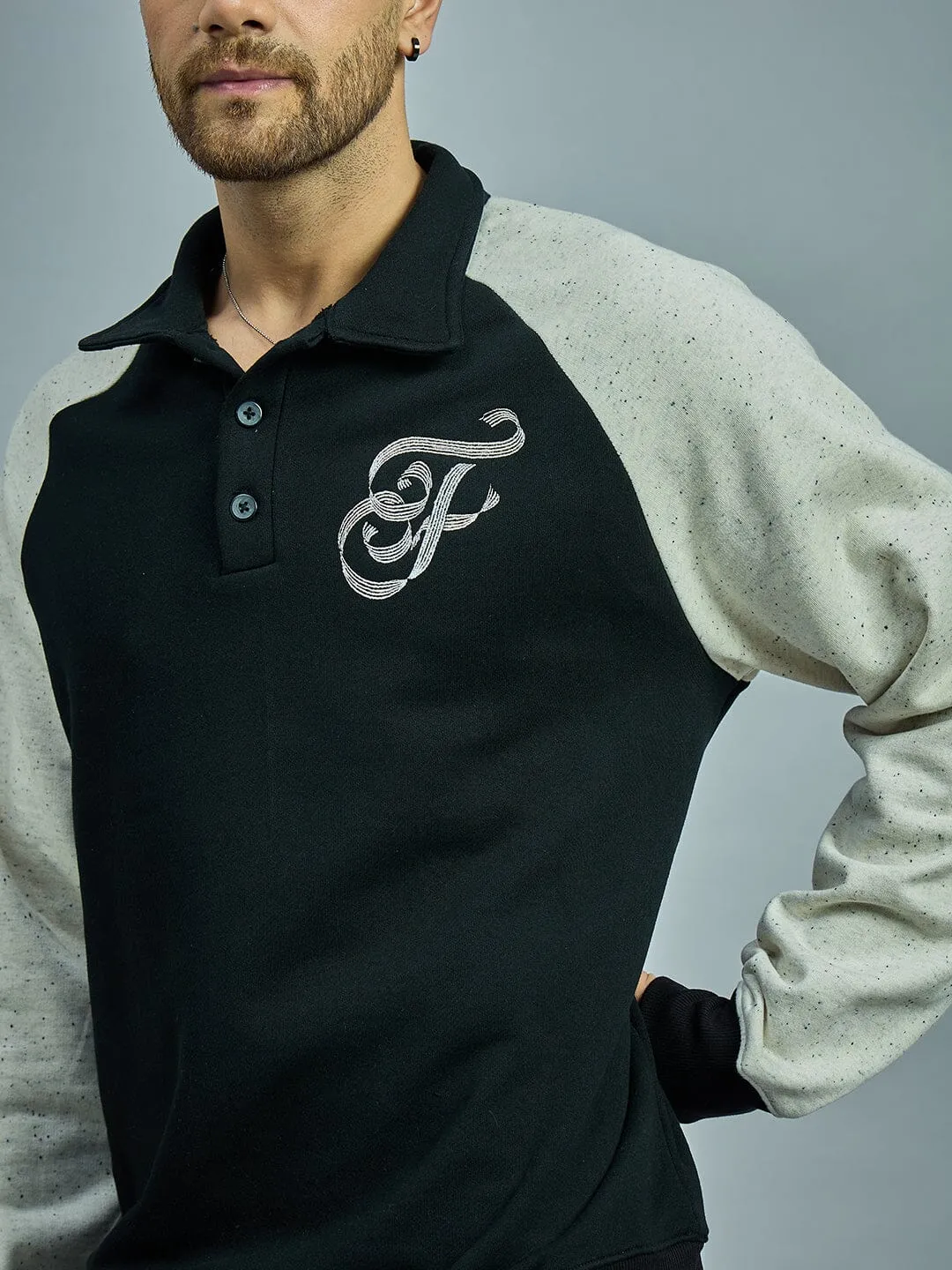 Black & Ecru Raglan Monogram Polo Sweatshirt