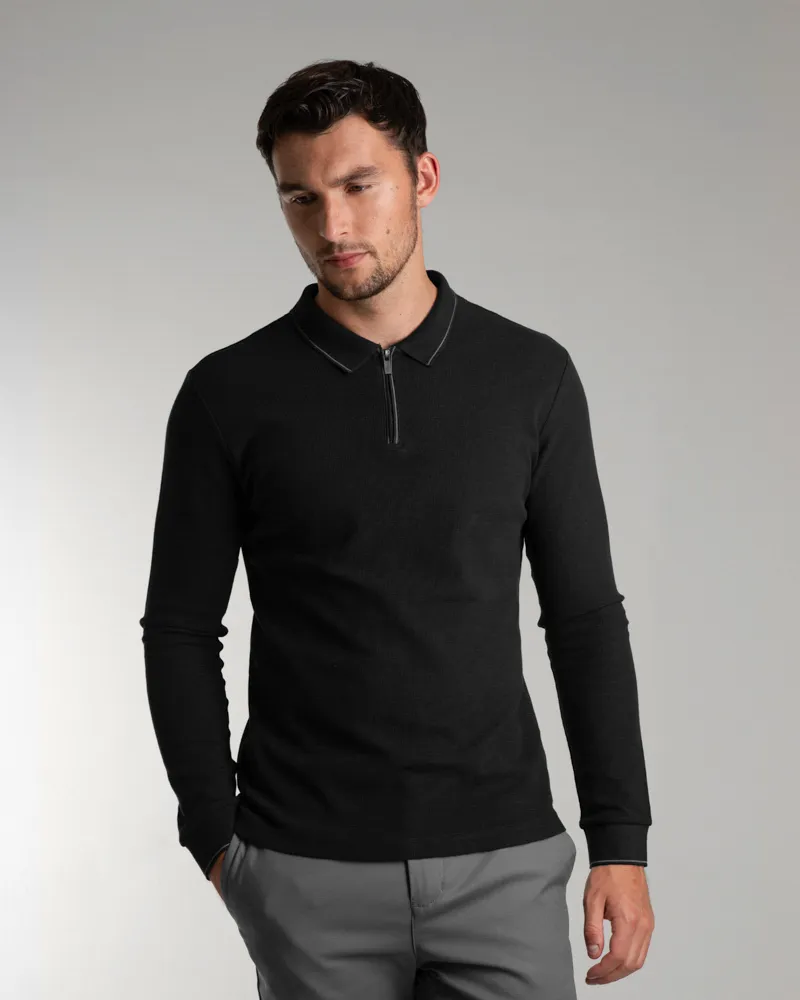 Black Waffle Long Sleeve Polo Shirt