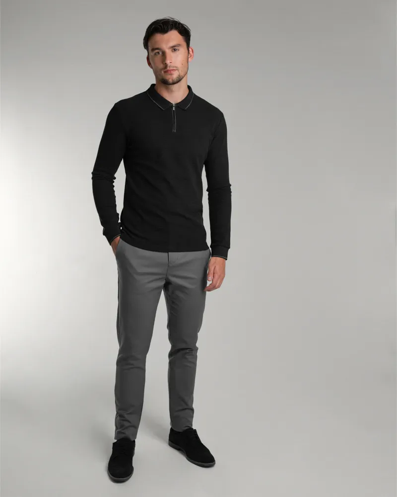 Black Waffle Long Sleeve Polo Shirt