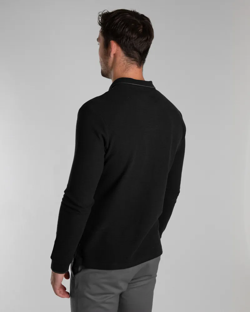 Black Waffle Long Sleeve Polo Shirt