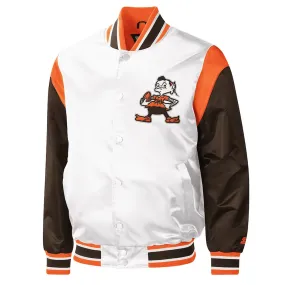 Cleveland Browns Throwback Pitch Varsity White and Brown Satin Jacket