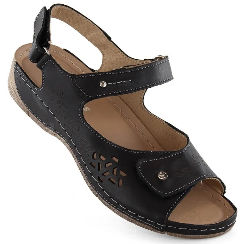 Comfortable women's leather sandals with velcro, black Helios 266-2.011