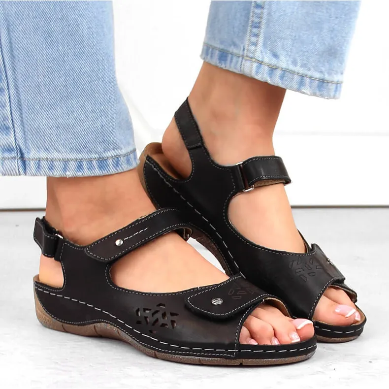 Comfortable women's leather sandals with velcro, black Helios 266-2.011