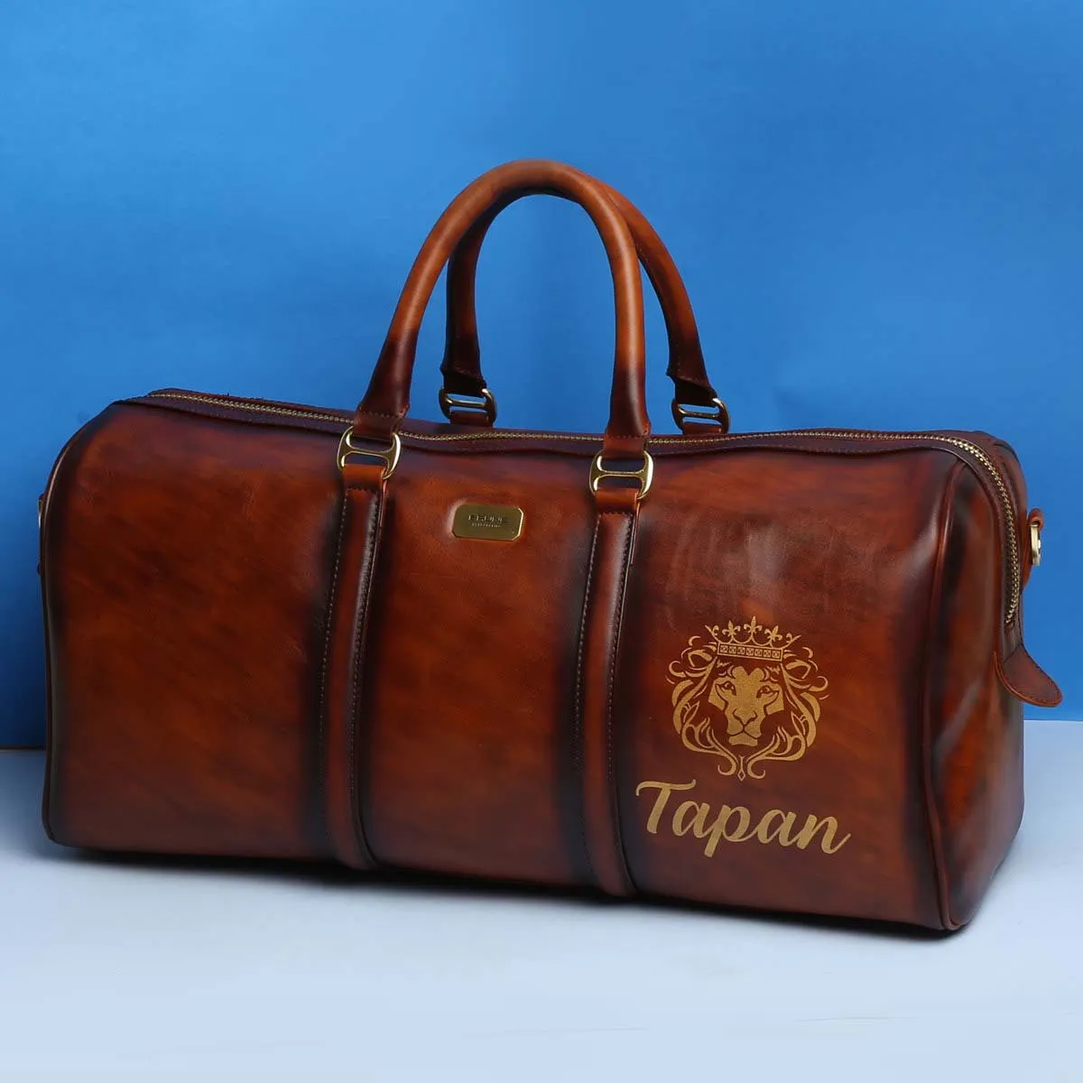 Customized TAPAN Initial Tan Leather Duffle Bag by Brune & Bareskin