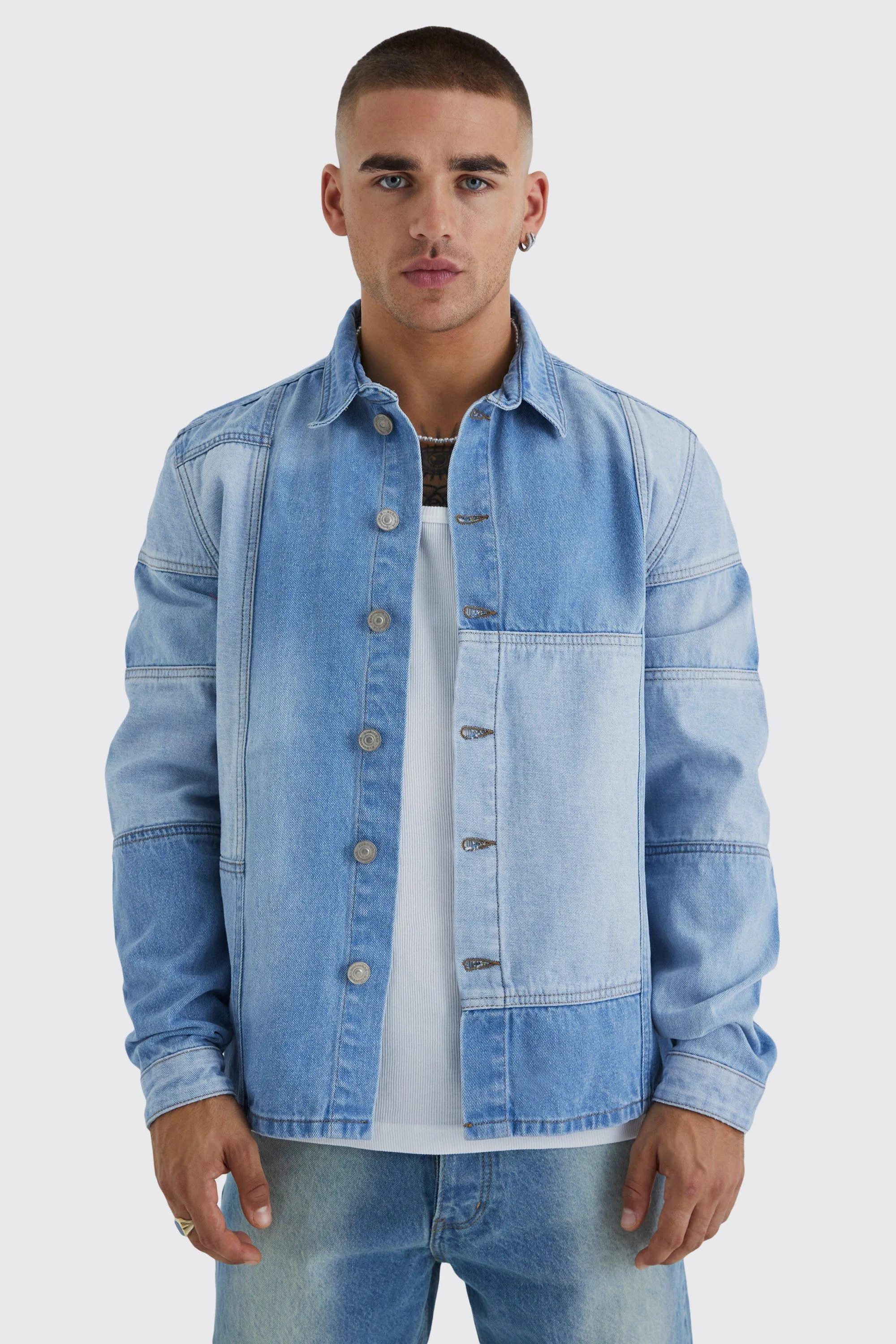 Denim Patchwork Acid Wash Shirt Jacket