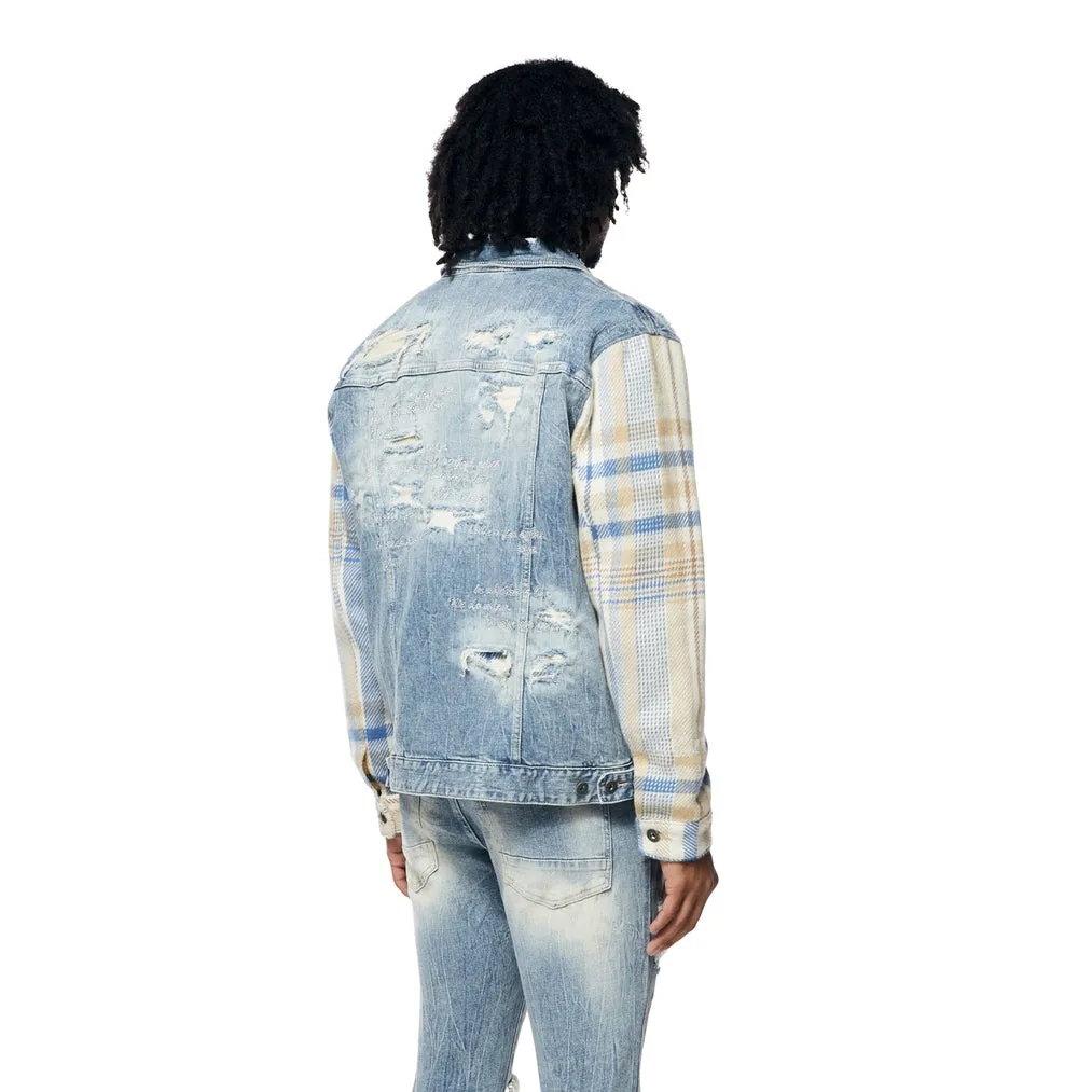 Embroidered Plaid Backed Jean Jacket - Lowell Blue