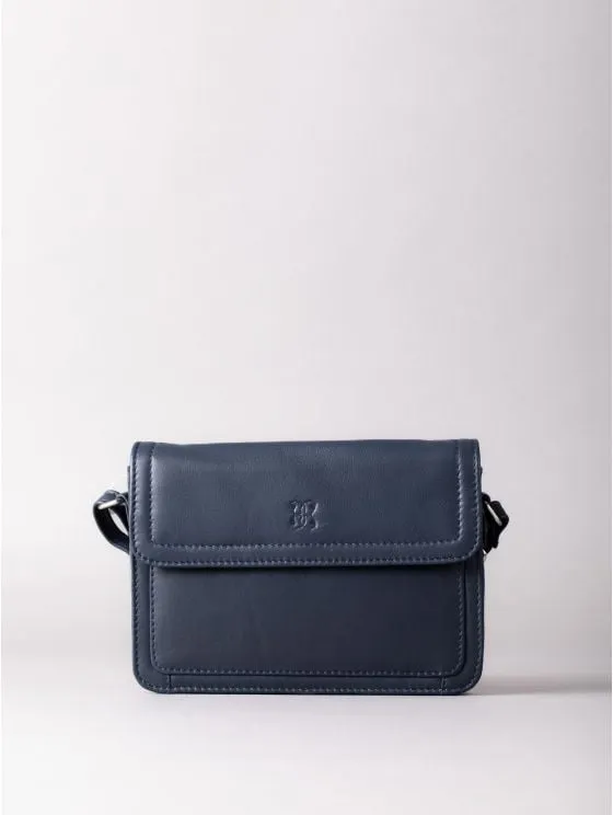 Enderby Flapover Leather Cross Body Bag in Navy