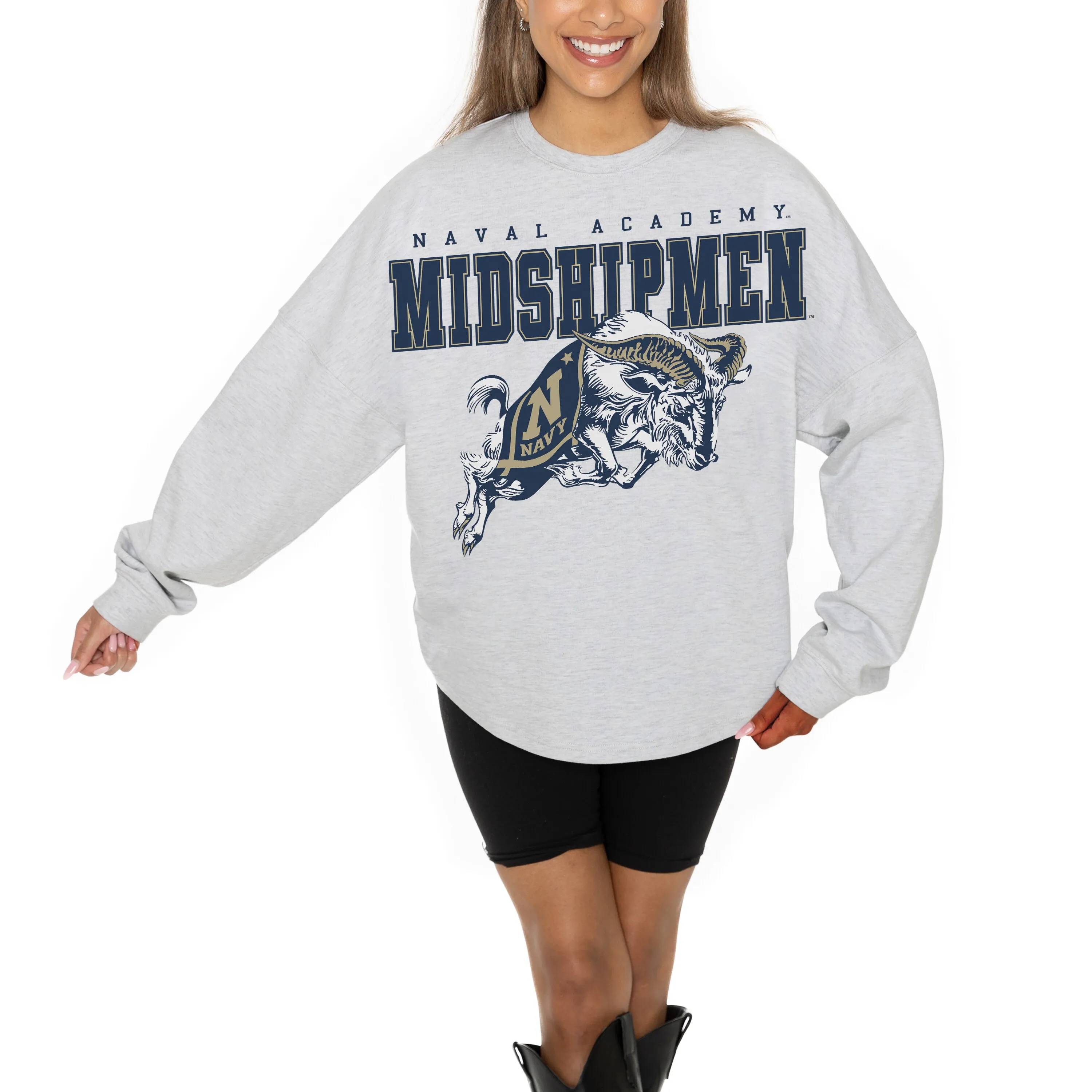 Gameday Couture Navy Midshipmen Women's Ash Big Goals Relaxed Fit French Terry Pullover Sweatshirt