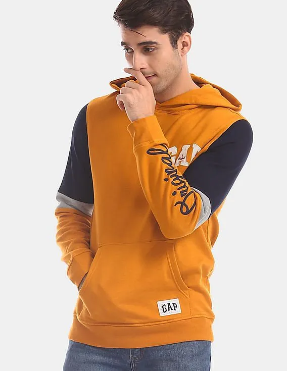 GAP Men Yellow Colour Block Logo Hoodie