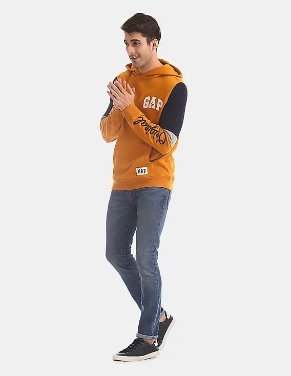 GAP Men Yellow Colour Block Logo Hoodie