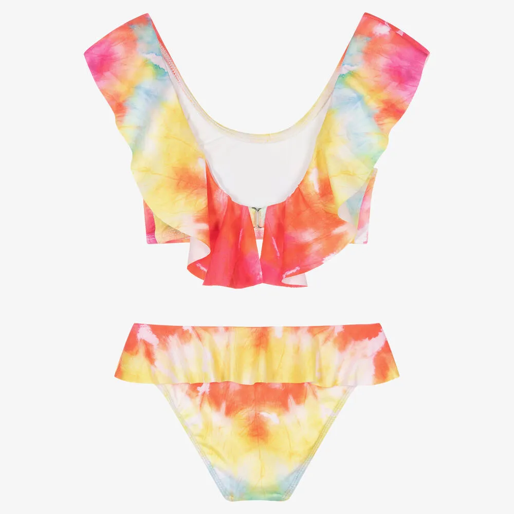 Girls Red & Yellow Tie-Dye Ruffle Bikini