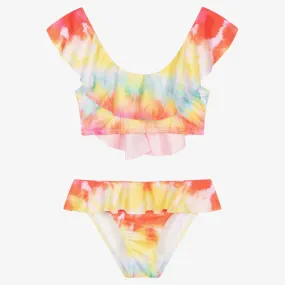 Girls Red & Yellow Tie-Dye Ruffle Bikini