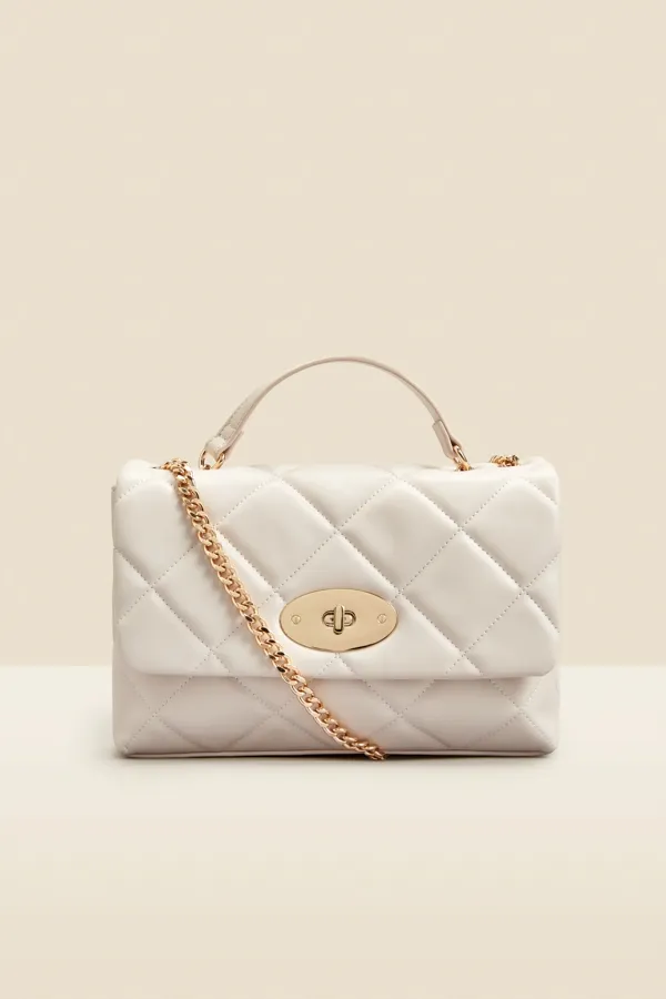 Ivory Faux Leather Quilted Clasp Detail Cross Body Bag