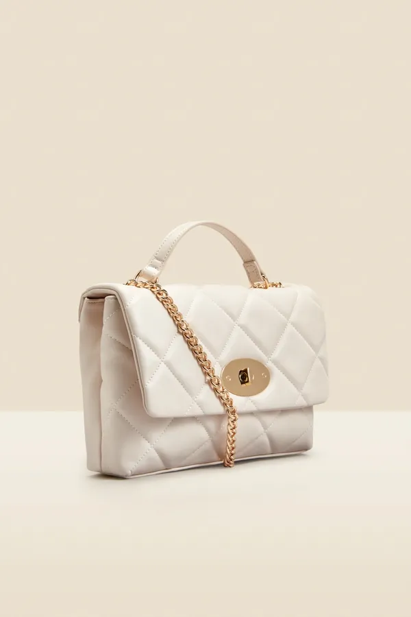 Ivory Faux Leather Quilted Clasp Detail Cross Body Bag