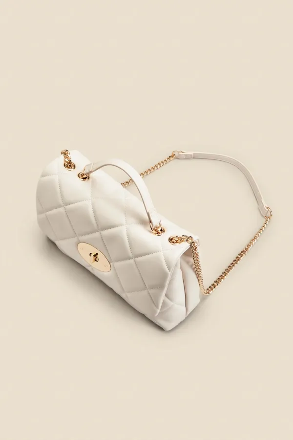 Ivory Faux Leather Quilted Clasp Detail Cross Body Bag