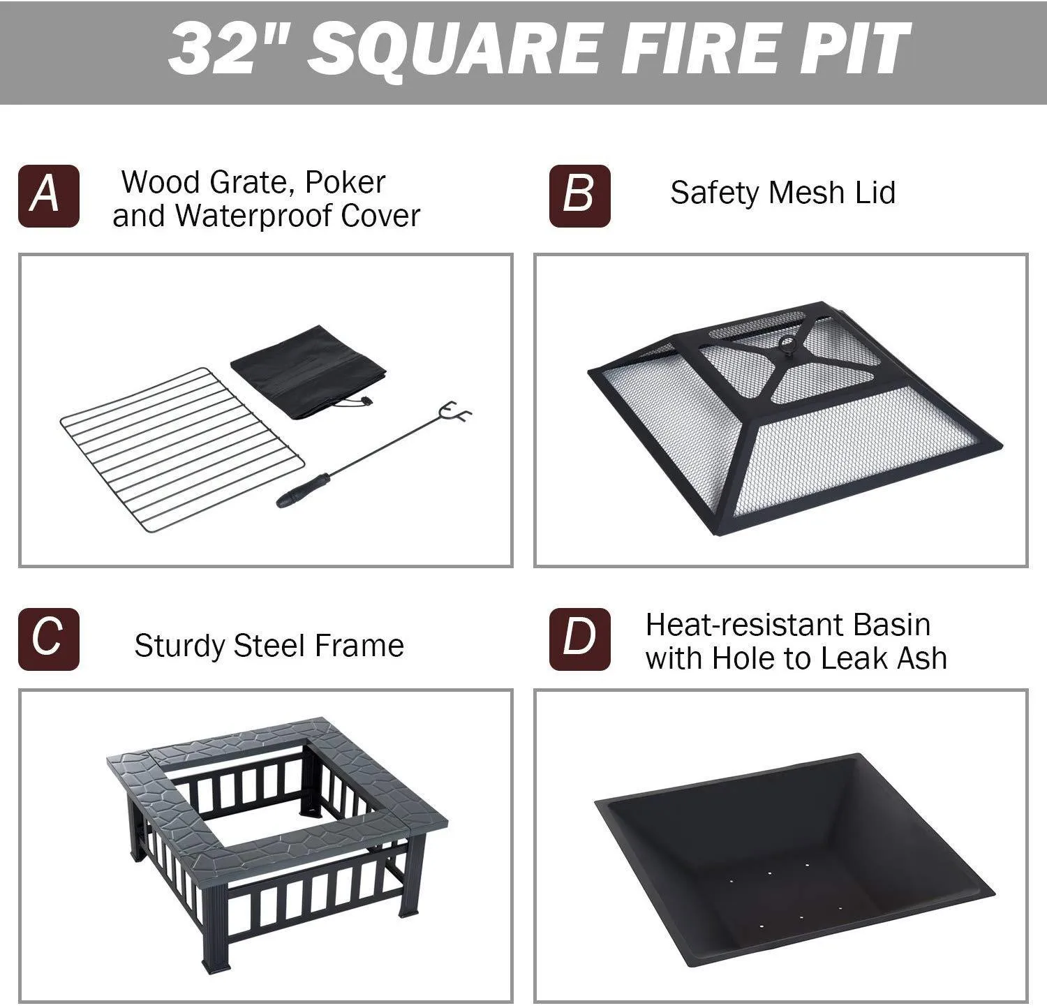 Outsunny 32 Steel Square Outdoor Patio Wood Burning Fire Pit Table Top Set