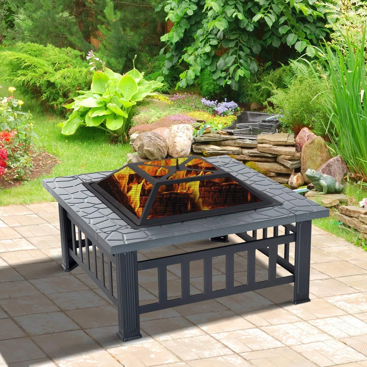 Outsunny 32 Steel Square Outdoor Patio Wood Burning Fire Pit Table Top Set