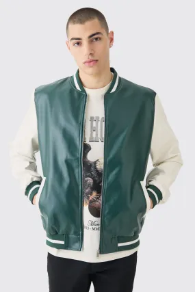 Plain PU Varsity Jacket In Green