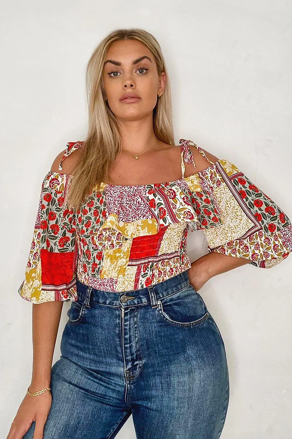 Plus Boho Scarf Print Cold Shoulder Shirred Top