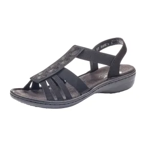 Rieker Women's Black Synthetic Sandals with Elastic Straps and Shock Absorbing Sole