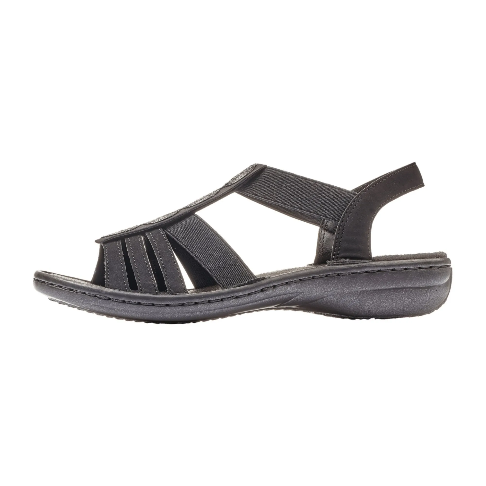 Rieker Women's Black Synthetic Sandals with Elastic Straps and Shock Absorbing Sole