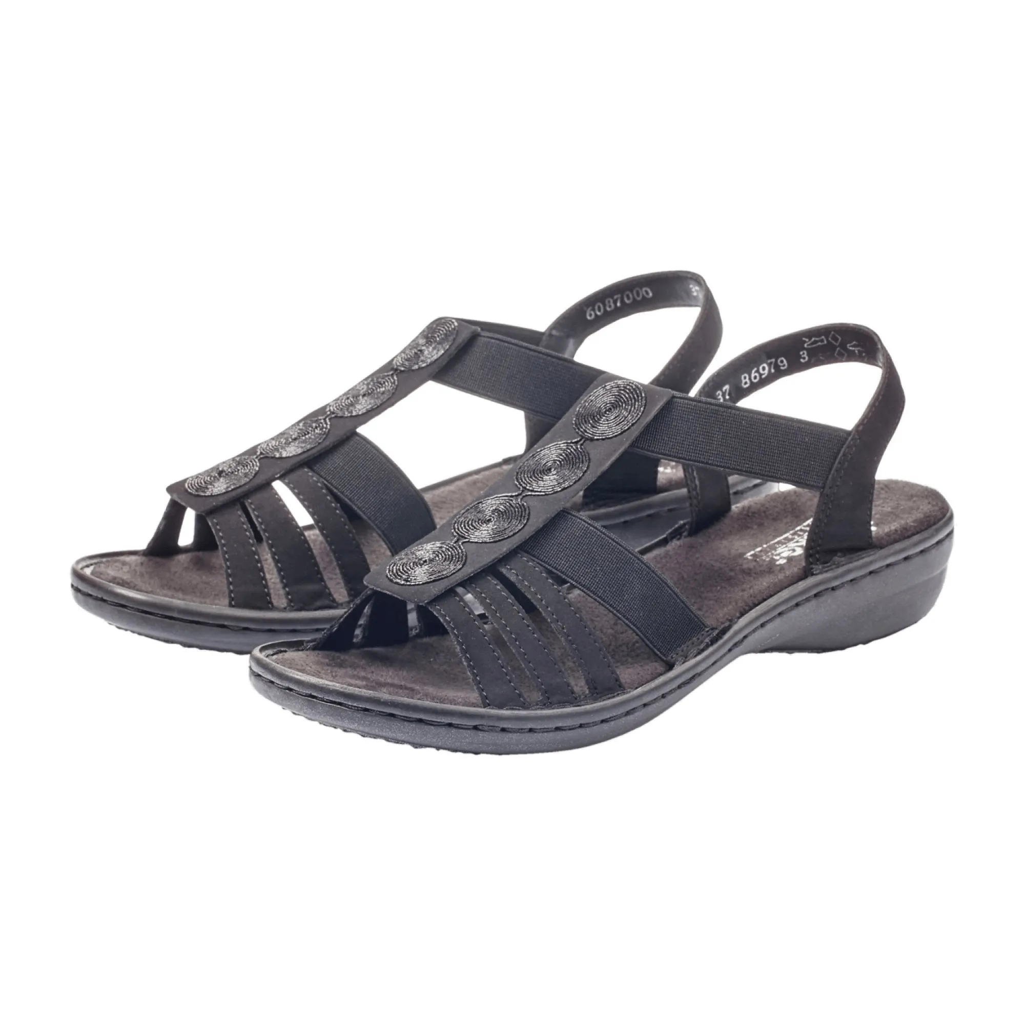 Rieker Women's Black Synthetic Sandals with Elastic Straps and Shock Absorbing Sole