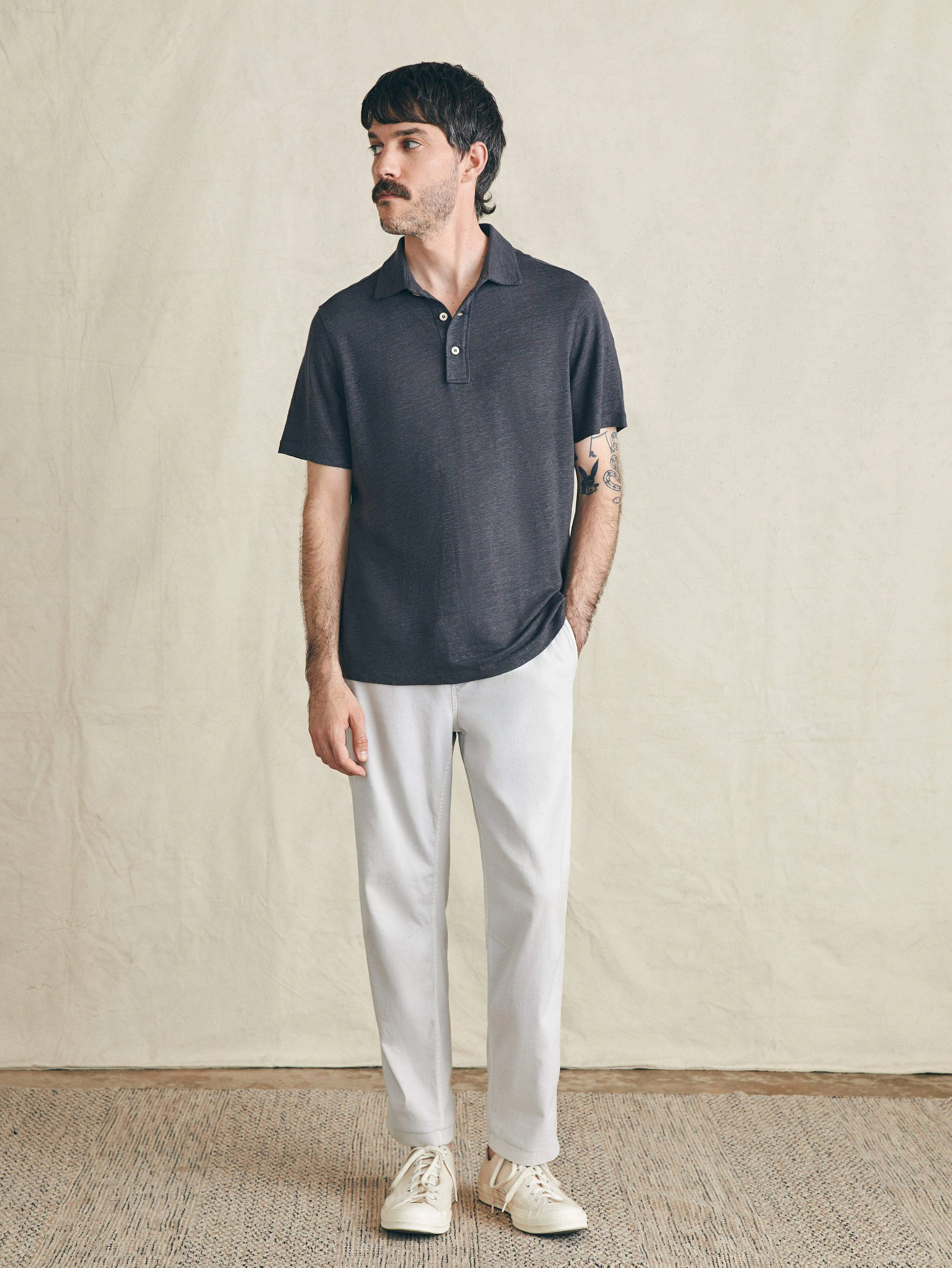 Short-Sleeve Linen Polo - Black Iron