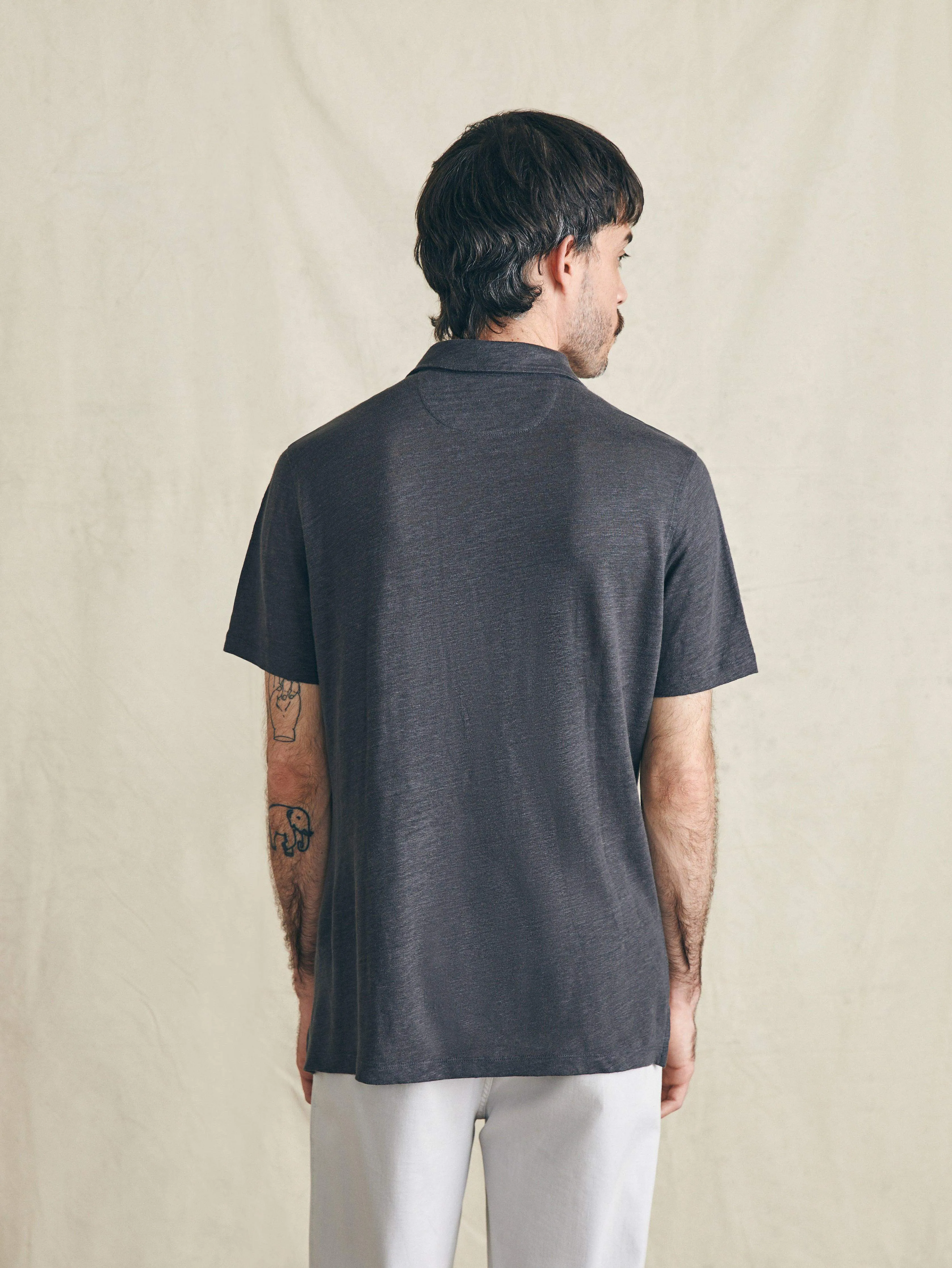 Short-Sleeve Linen Polo - Black Iron