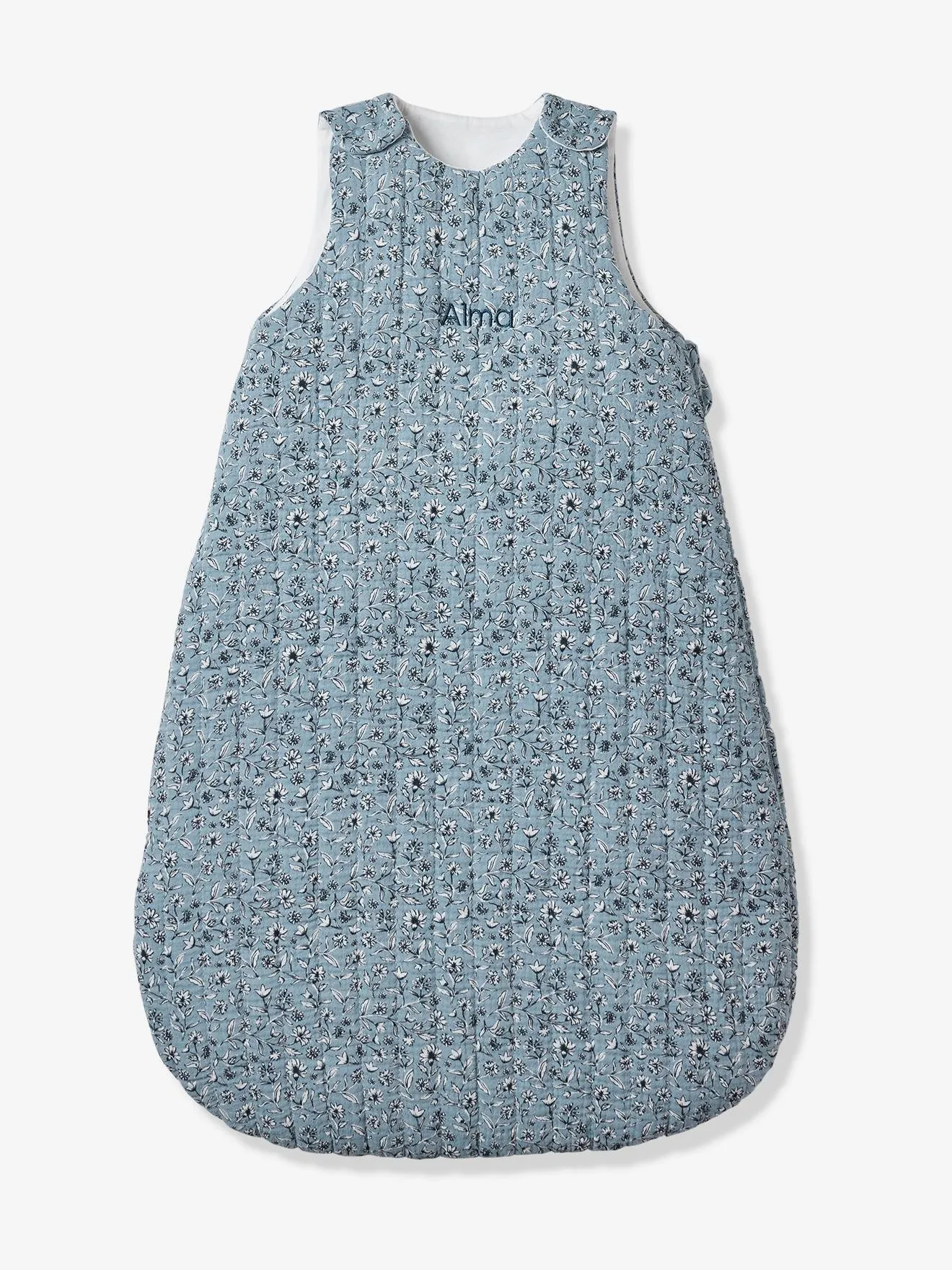 Sleeveless Baby Sleeping Bag in Cotton Gauze, INDIA - printed blue