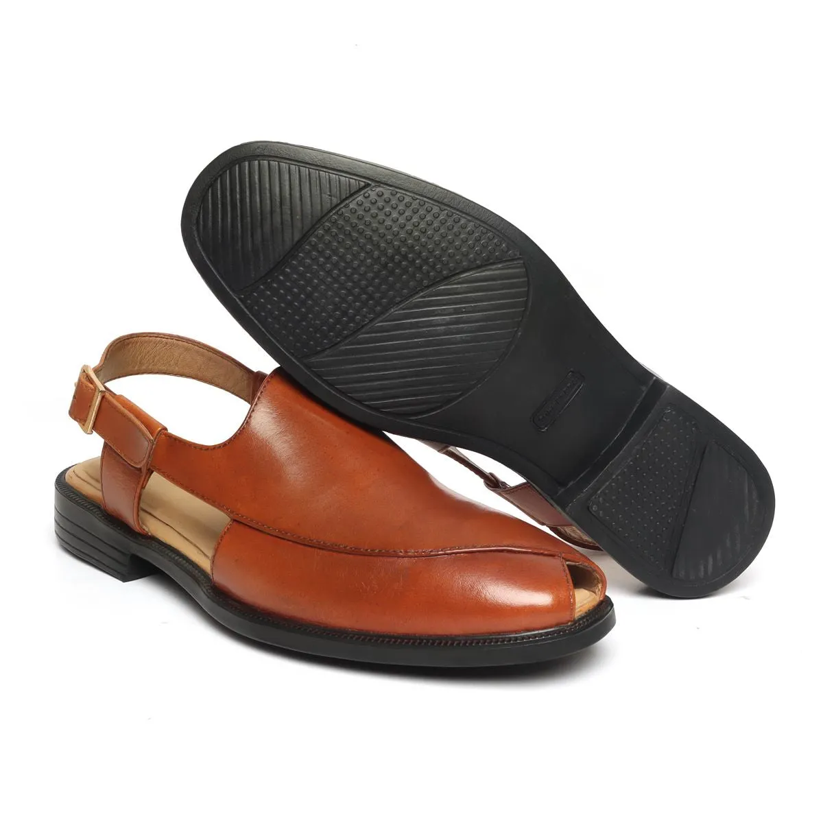 Tan Genuine Leather Cross Design Light Weight Peshawari Sandals For Men By Brune & Bareskin