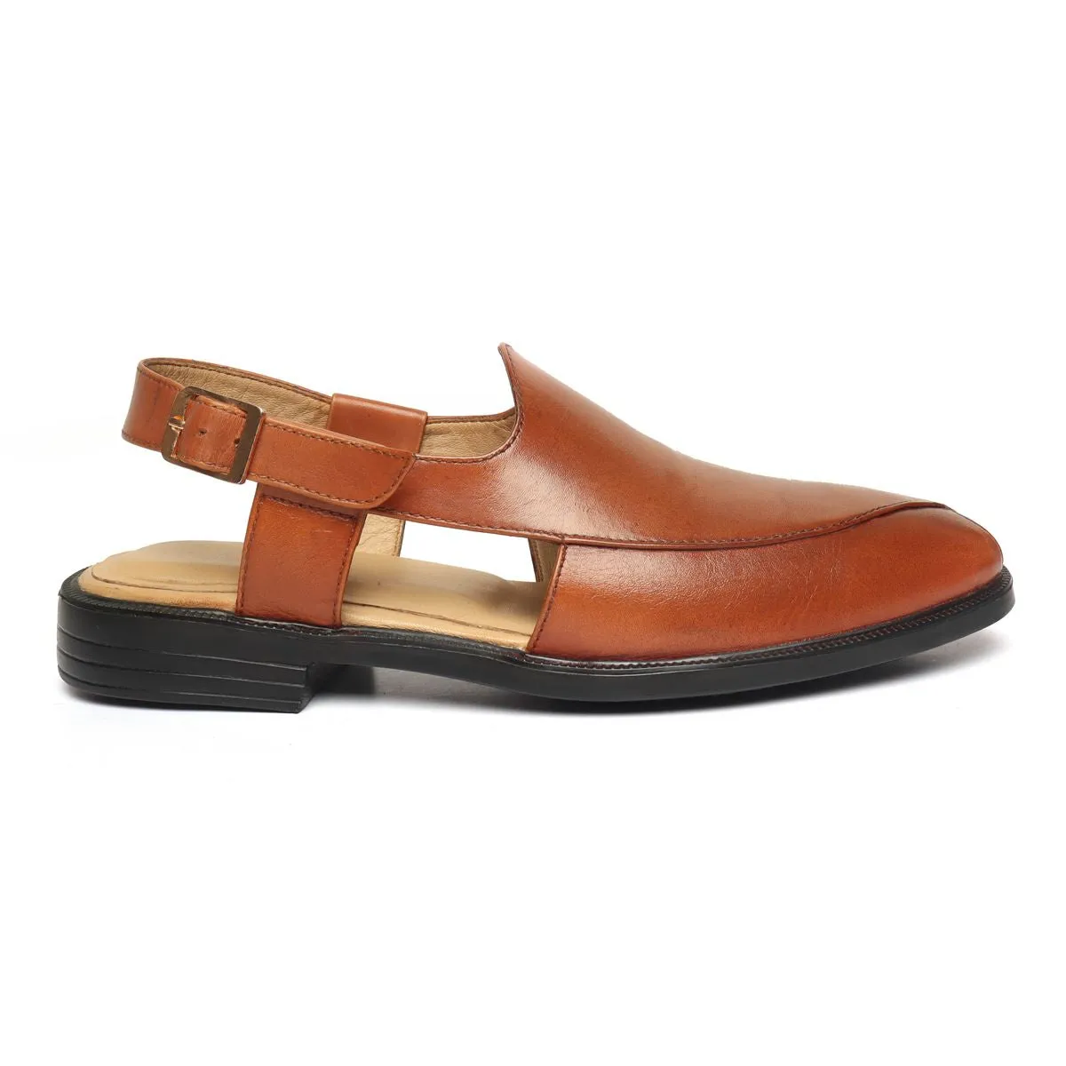 Tan Genuine Leather Cross Design Light Weight Peshawari Sandals For Men By Brune & Bareskin