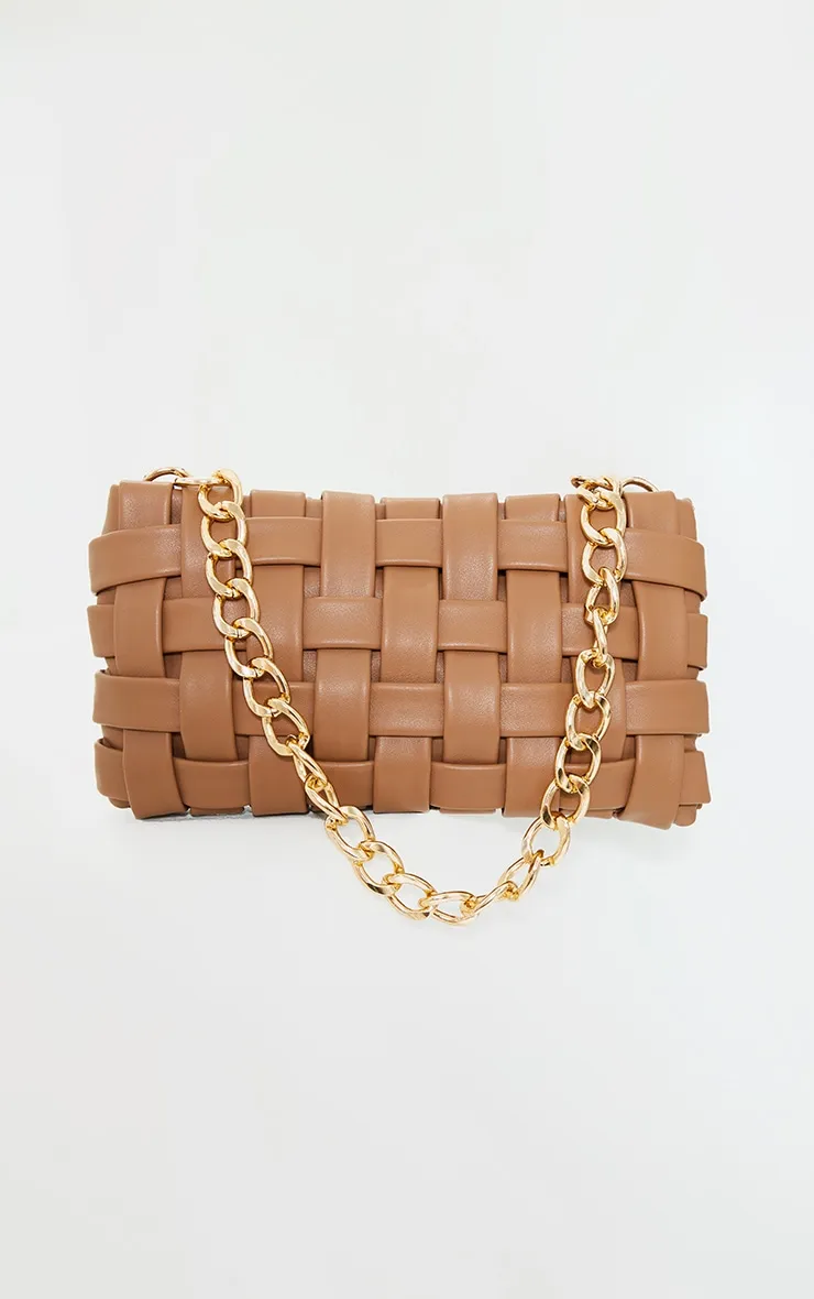 Tan Oversized Weave With Gold Chain Cross Body Bag