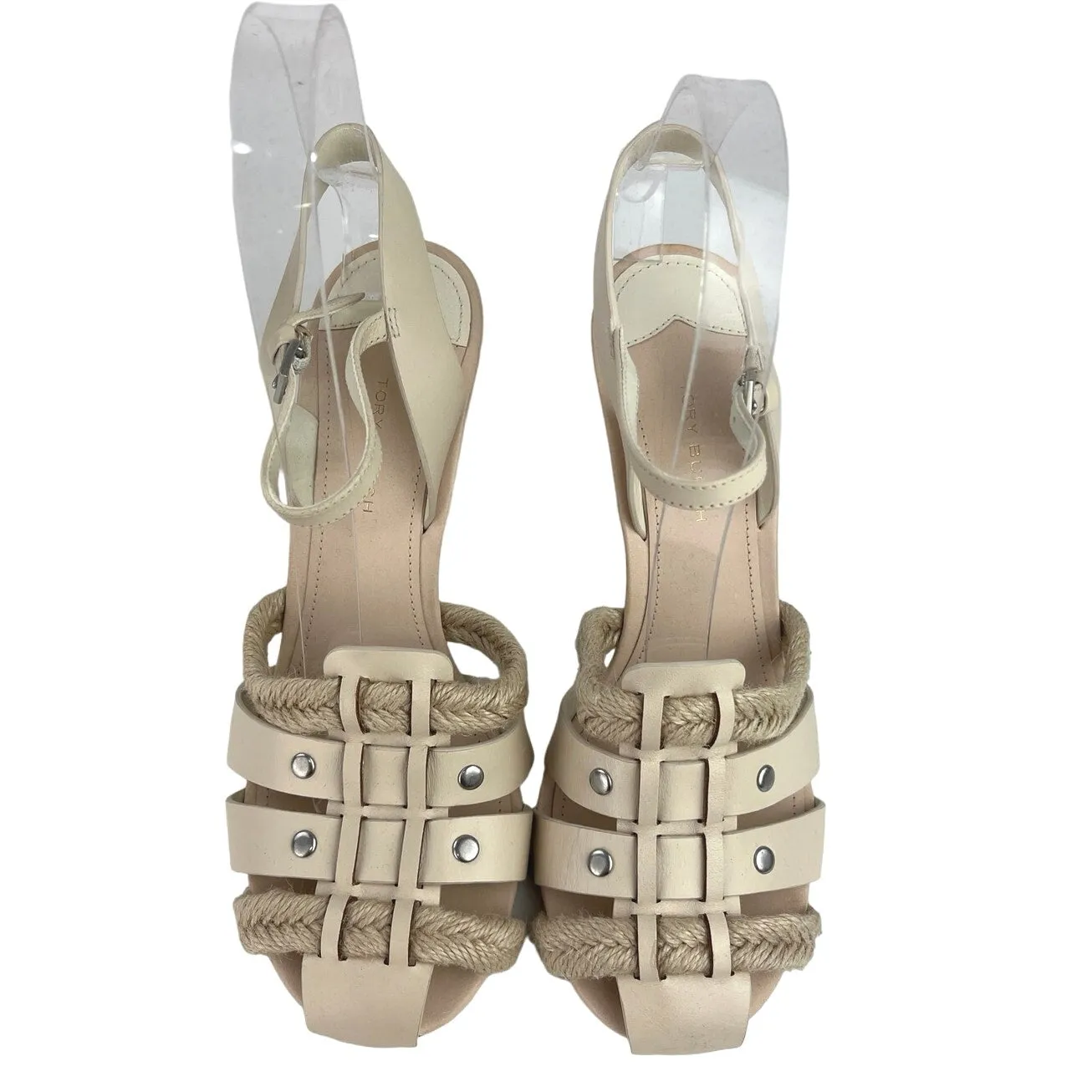 Tory Burch Ivory Cream Studded Braided Leather Fisherman Heeled Sandals Size 7M