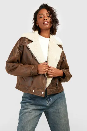 Vintage Wash Faux Leather Aviator Jacket