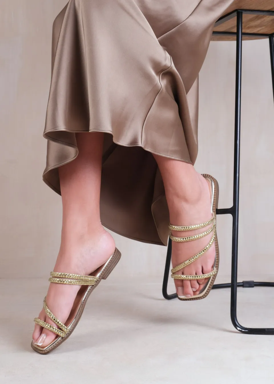 Where's That From Dream Extra Wide Gold Strappy Slider Sandals