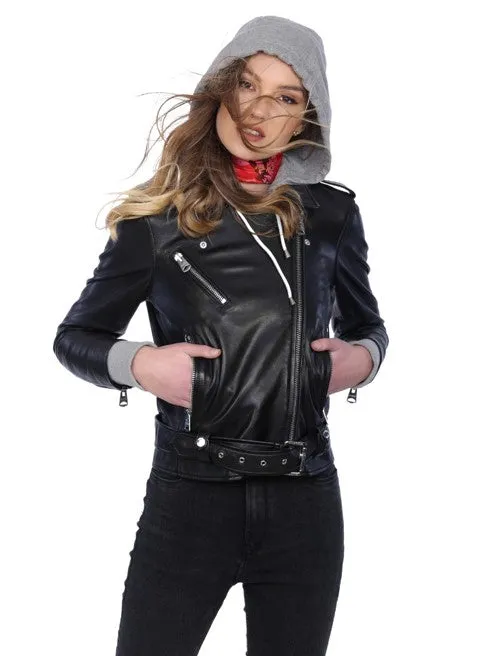 Women's Debbie Hooded Leather Biker Jacket