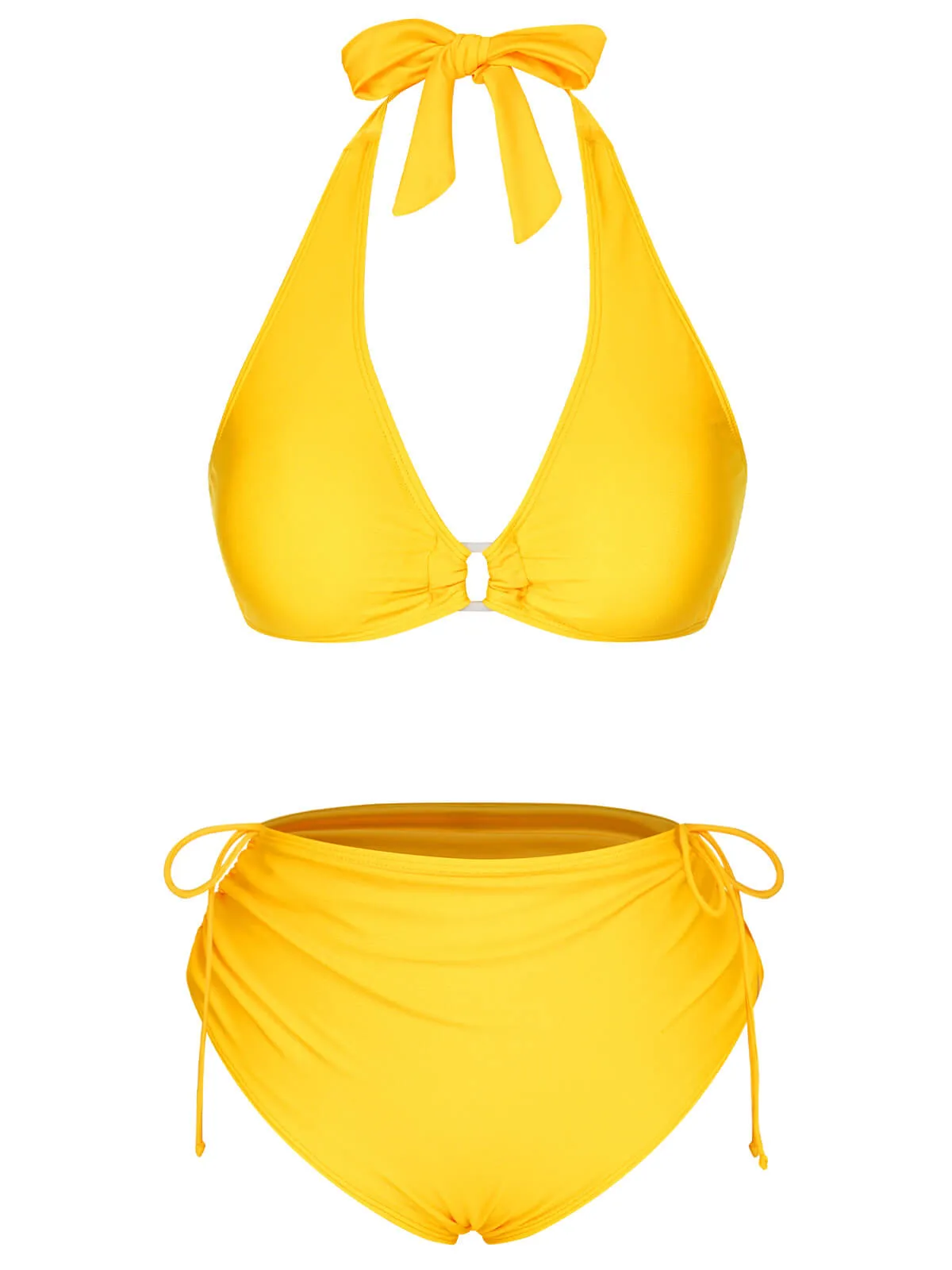 Yellow 1970s Lace-Up Halter Bikini Set