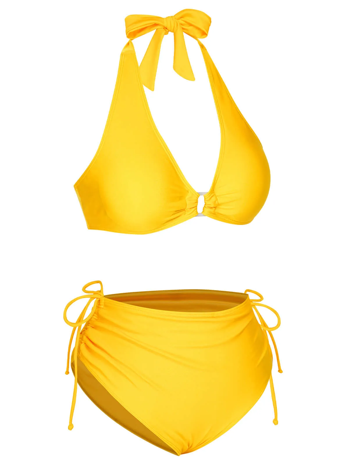 Yellow 1970s Lace-Up Halter Bikini Set